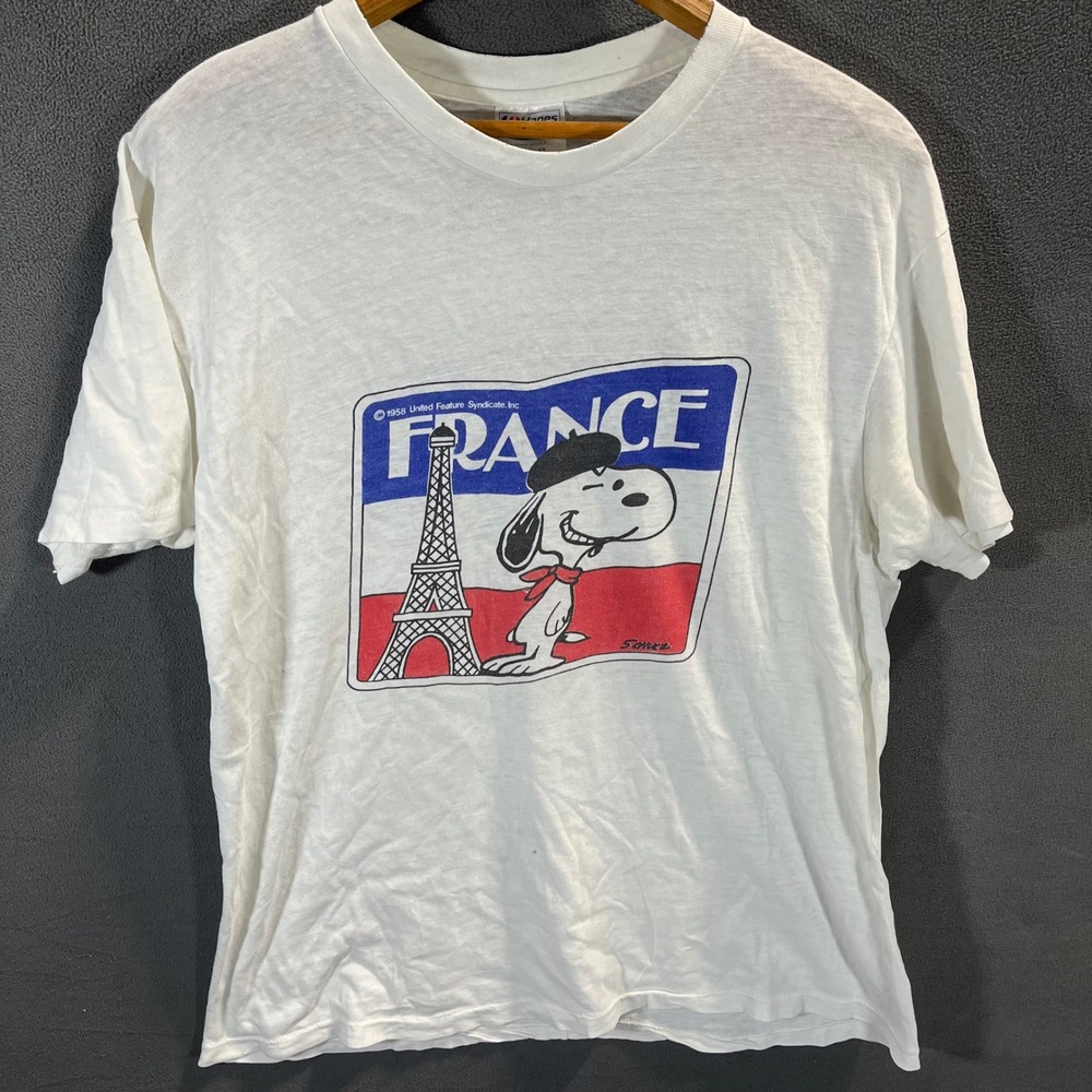Vintage Hanes Snoopy France Eiffel Tower T-Shirt XL White Cotton Peanuts Men
